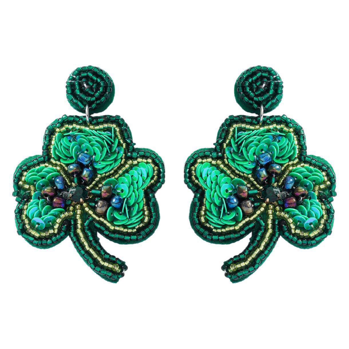 Wholesale Green Rice Bead Saint Patrick Clover Holiday Party Earrings
